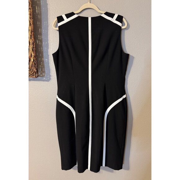 Calvin Klein Sheath Dress 14 Black White Piping Front Zip Sleeveless Career - Picture 9 of 15